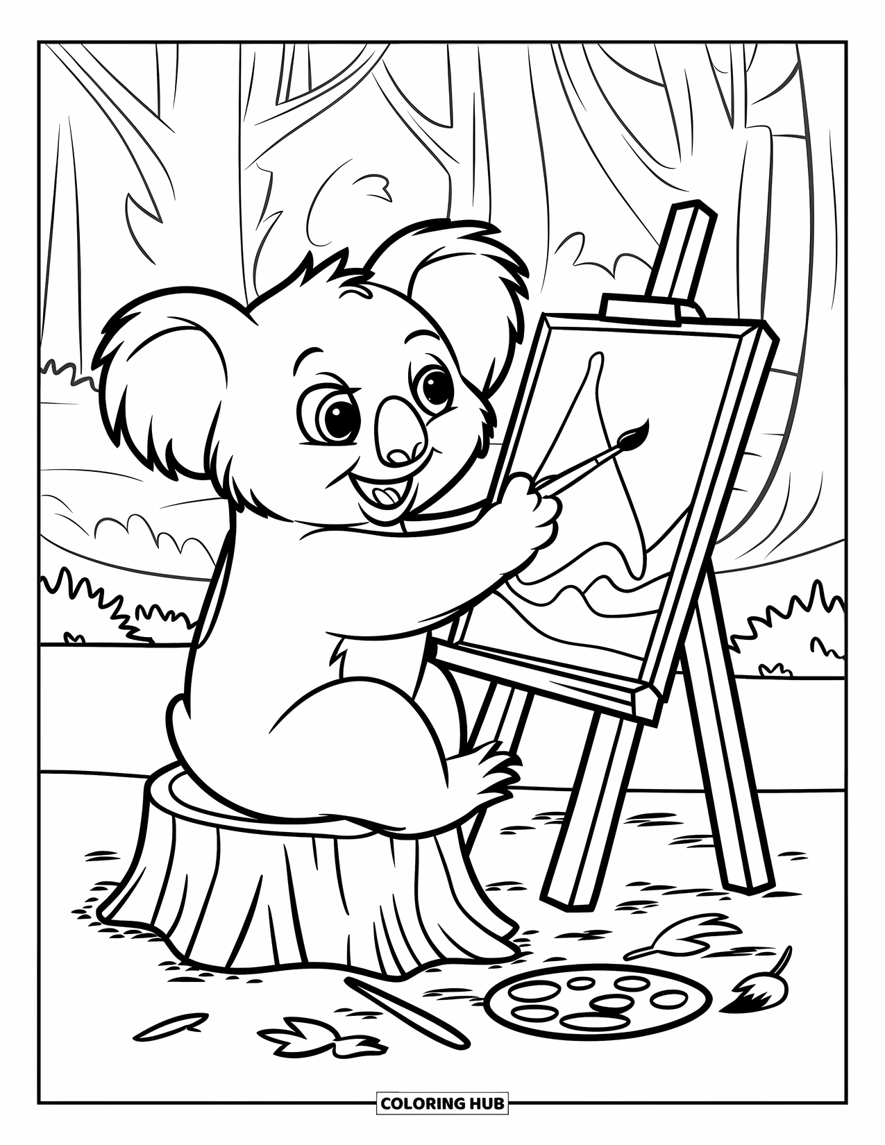 Koala Kleurplaat voor Kinderen: Een koala schildert op een doek terwijl hij op een boomstronk zit, omringd door penselen