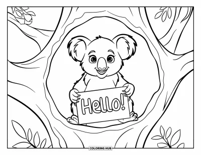 Coloriage de koalas pour enfants : Un koala sort la tête d’un arbre creux en tenant un panneau où il est écrit 