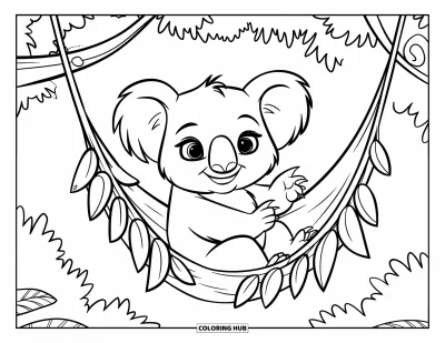 Coloriage de koalas pour enfants : Un koala se repose dans un hamac de feuilles qui se balance doucement dans une forêt verdoyante