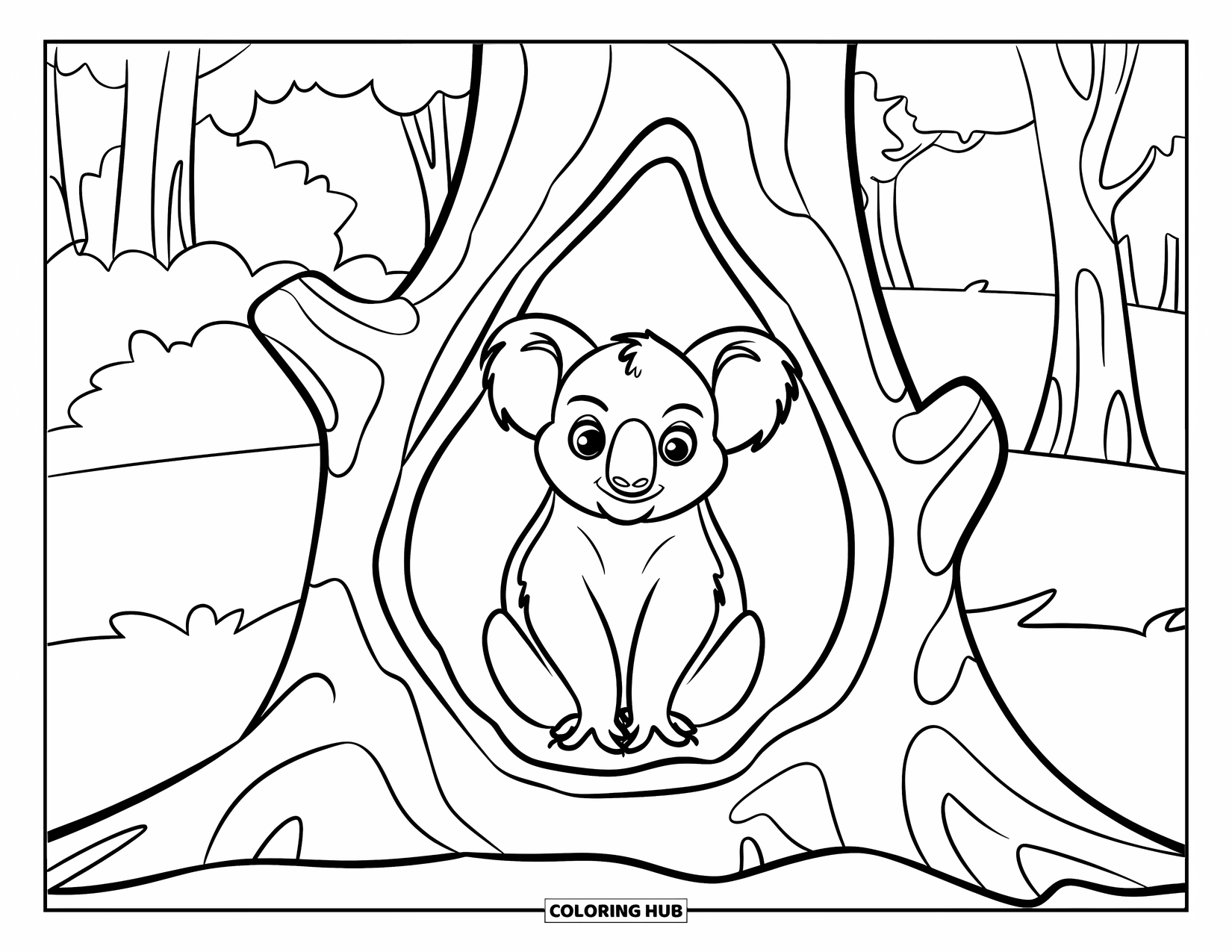 Koala Kleurplaat voor Kinderen: Een koala zit in een grote holle boom, omringd door een dicht bos