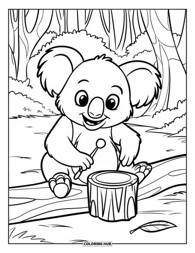 Coloriage de koalas pour enfants : Un koala est assis sur un tronc et tape sur un petit tambour, avec des feuilles éparpillées autour