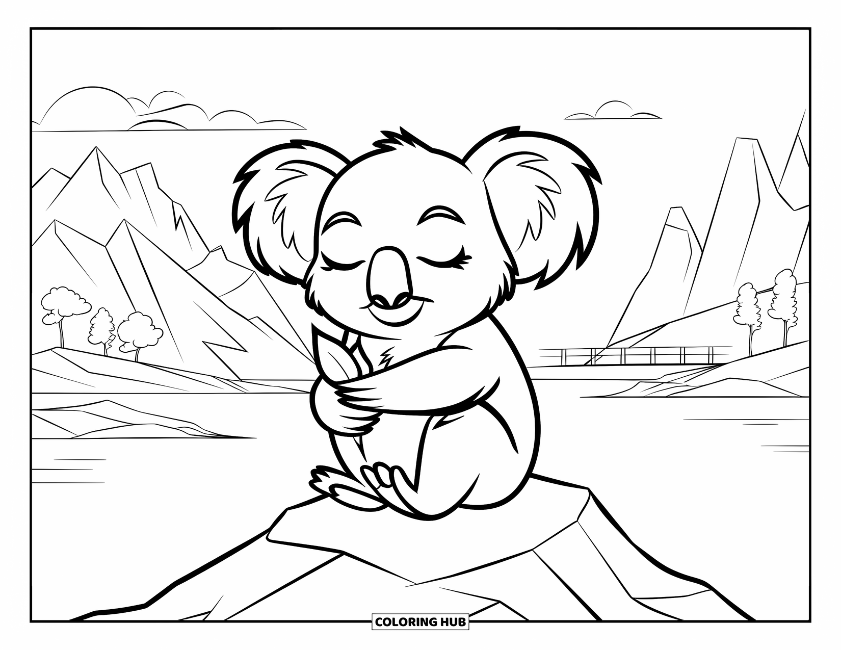 Koala Kleurplaat voor Kinderen: Een koala zit op een rots, houdt een blad vast, met een brug en bomen erachter