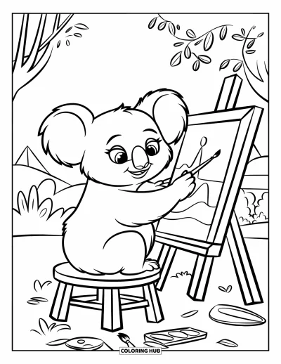 Coloriage de koalas pour enfants : Un koala est assis sur une chaise en bois et peint un tableau parmi des arbres et des montagnes