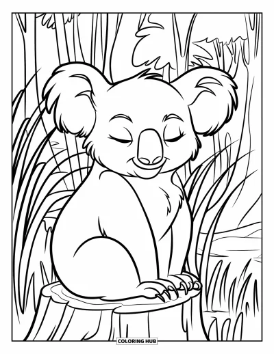 Coloriage de koalas pour enfants : Un koala est assis calmement sur une souche, entouré de hautes herbes et d’arbres
