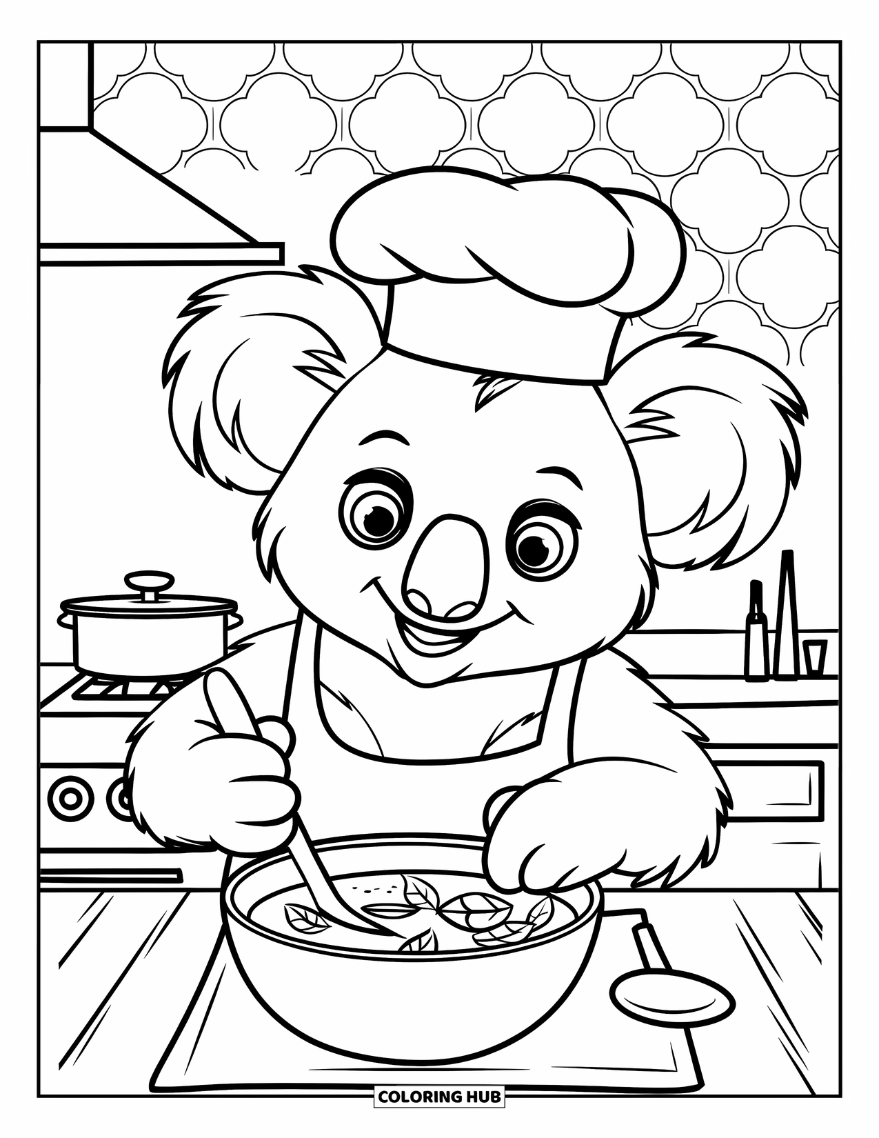 Koala Kleurplaat voor Kinderen: Een koala roert in een pot eucalyptussoep, omringd door keukengerei en een muur met een patroon