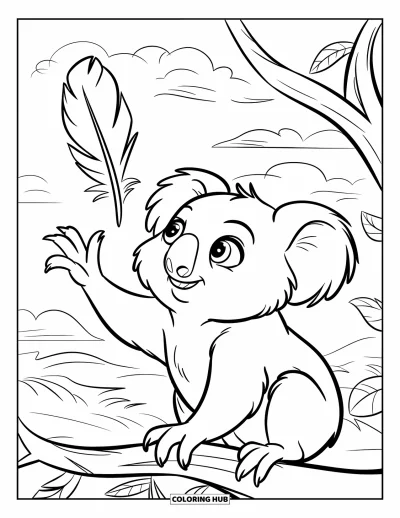 Coloriage de koalas pour enfants : Un koala tend la patte vers une plume portée par le vent tout en étant perché sur une branche