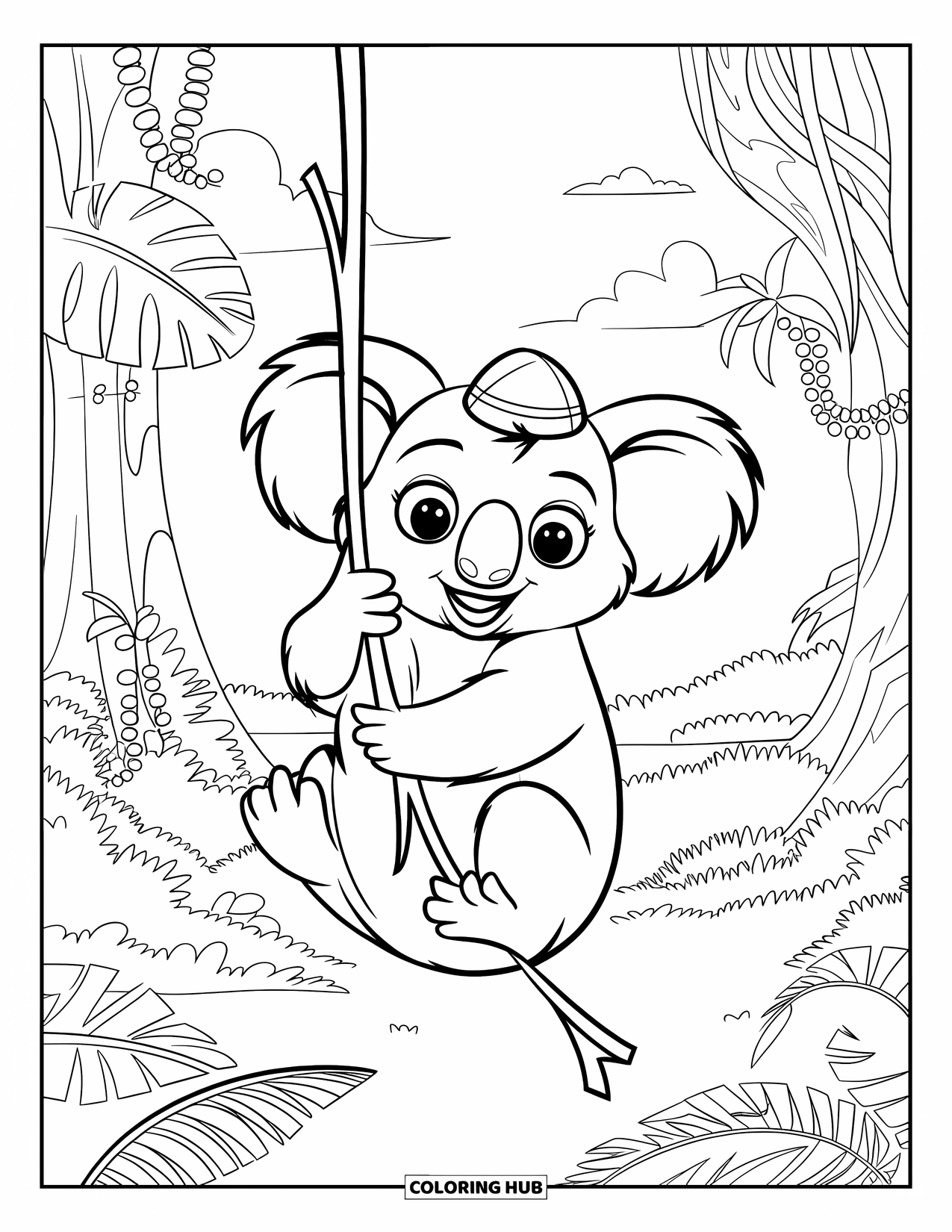 Koala Kleurplaat voor Kinderen: Een koala slingert aan een liaan, draagt een klein hoedje, omringd door een weelderig oerwoud