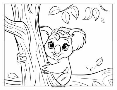 Coloriage de koalas pour enfants : Un koala portant un chapeau de feuilles regarde derrière un tronc d’arbre rugueux et texturé