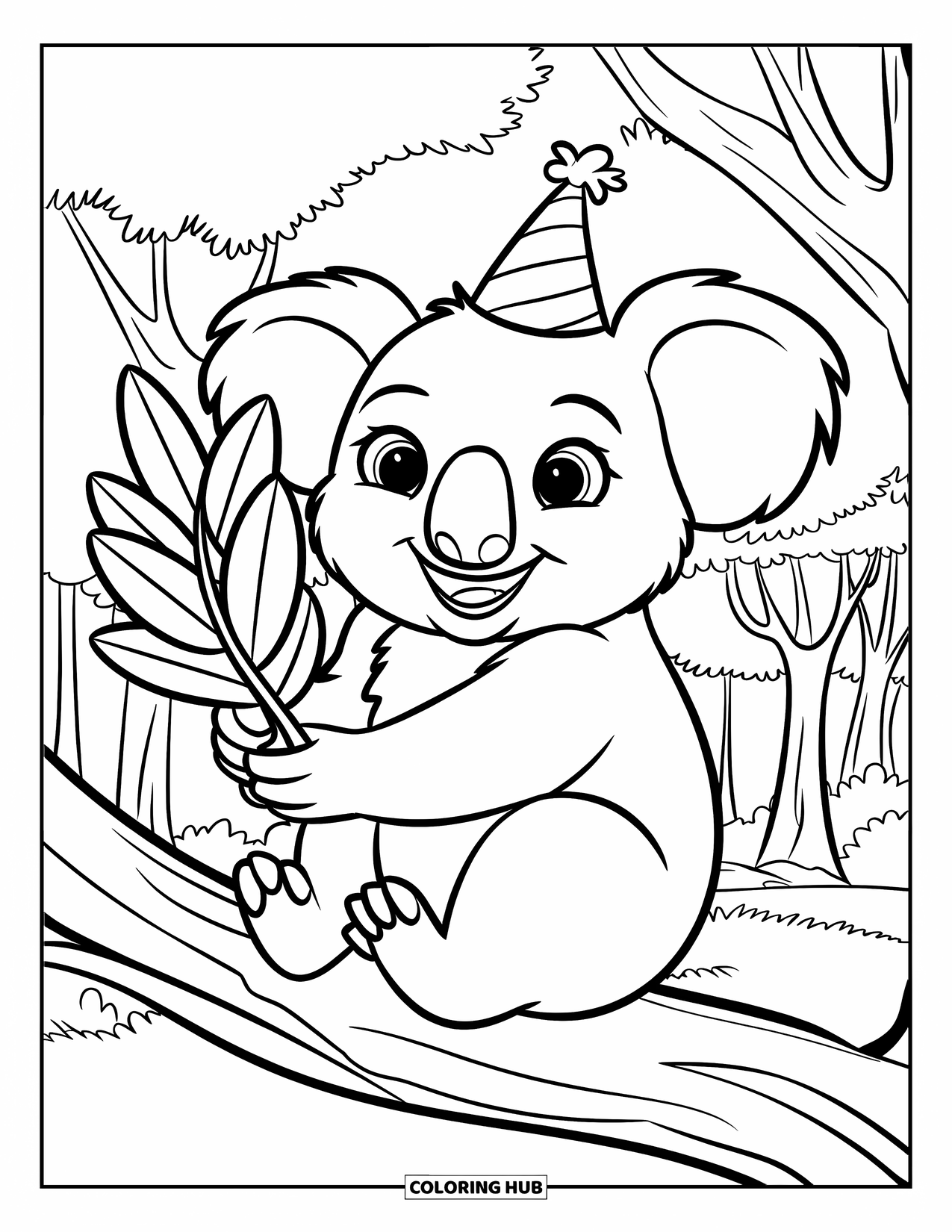 Koala Kleurplaat voor Kinderen: Een koala met een feesthoed zit op een tak en houdt een eucalyptusblad vast
