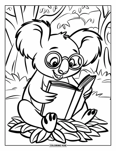 Coloriage de koalas pour enfants : Un koala avec des lunettes est assis sur un tas de feuilles, plongé dans son livre
