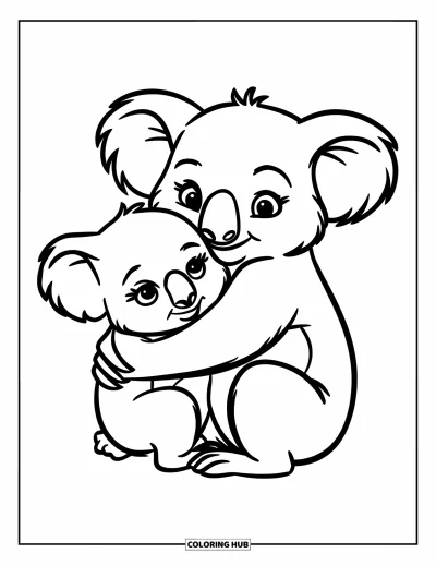 Coloriage de koalas pour enfants : Un petit koala s’accroche à sa maman dans un câlin doux et réconfortant