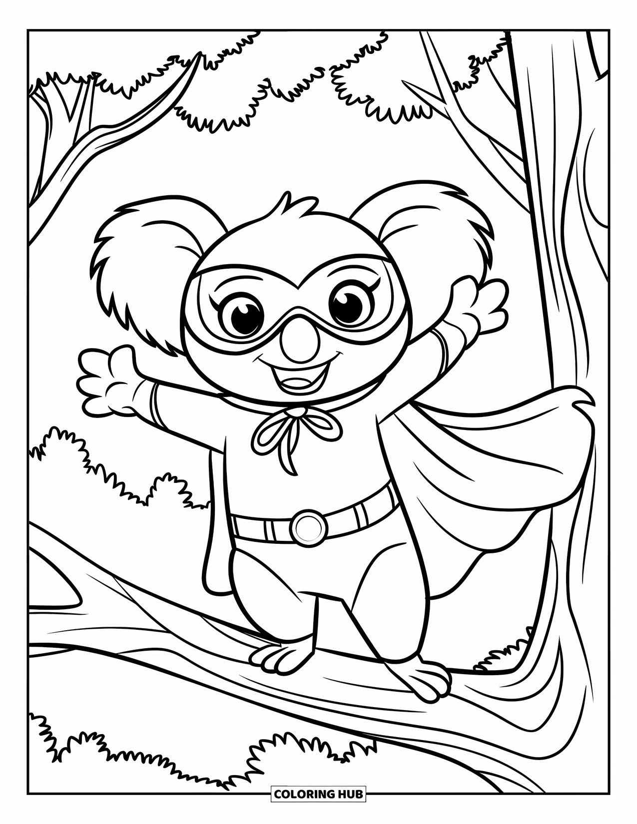 Koala Kleurplaat voor Kinderen: Een gemaskerde superheld koala heft triomfantelijk zijn handen op terwijl hij op een boomtak staat