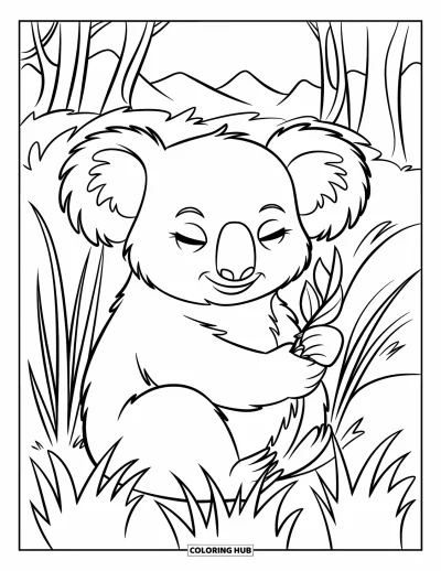 Coloriage de koalas pour enfants : Un koala paisible tient une feuille assis dans de hautes herbes, avec des montagnes qui se dressent derrière