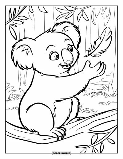 Coloriage de koalas pour enfants : Un koala paisible tend la patte vers une plume flottante, entouré de branches et de feuilles