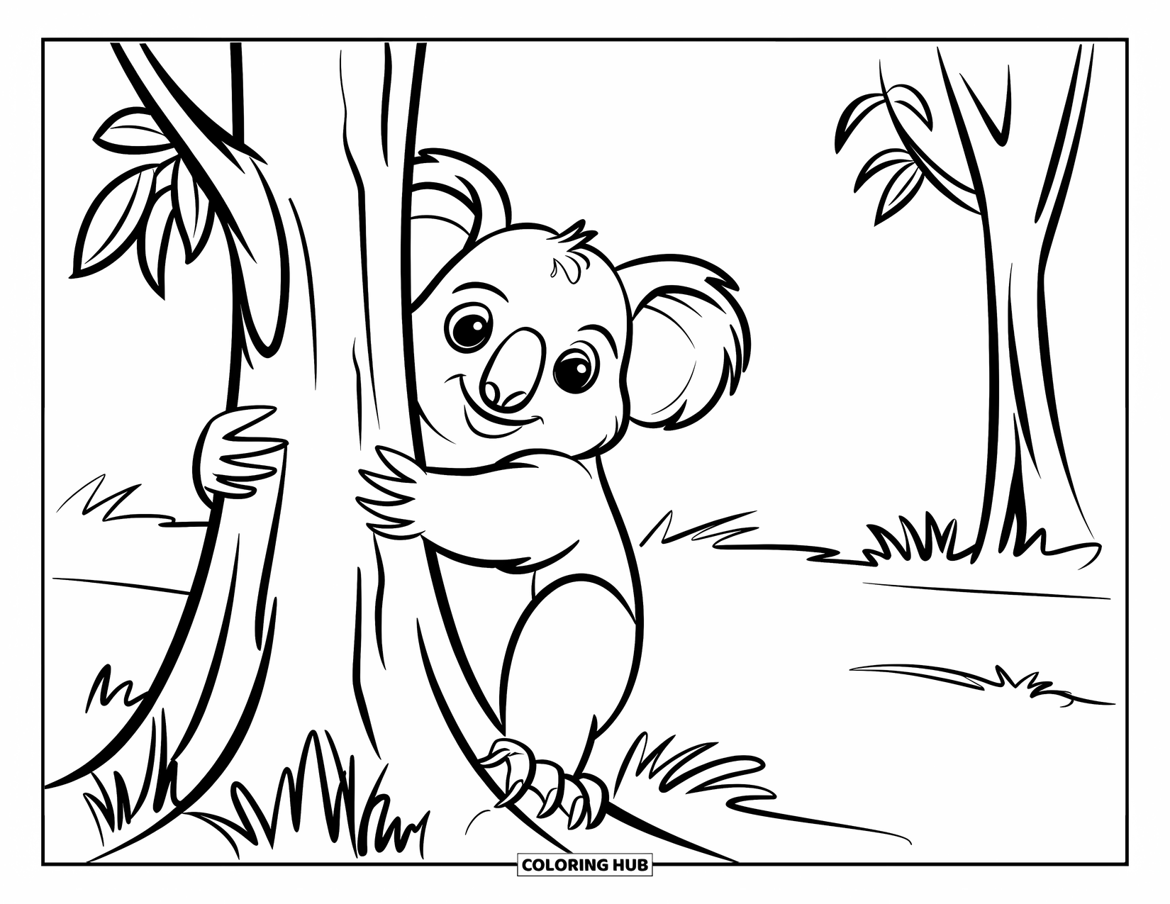 Koala Kleurplaat voor Kinderen: Een speelse koala gluurt achter een boomstam vandaan, omringd door een grasveld