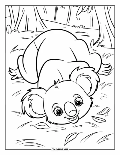 Coloriage de koalas pour enfants : Un koala joueur se roule dans l’herbe, entouré de feuilles éparses et de quelques arbres