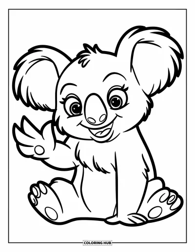Coloriage de koalas pour enfants : Un koala joueur est assis au sol et fait signe de la main avec une expression enjouée