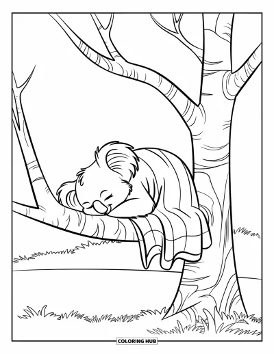 Coloriage de koalas pour enfants : Un koala détendu somnole sur une haute branche d’arbre, avec très peu de branches autour