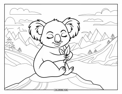 Coloriage de koalas pour enfants : Un koala détendu tient une feuille assis sur un rocher, entouré de montagnes imposantes