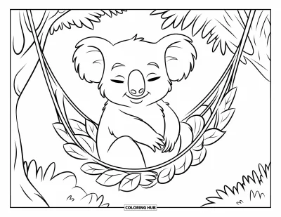 Coloriage de koalas pour enfants : Un koala détendu se balance dans un hamac de feuilles, niché parmi de grands arbres