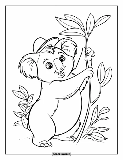 Coloriage de koalas pour enfants : Un koala au corps rond avec un minuscule chapeau étire ses pattes vers une branche feuillue