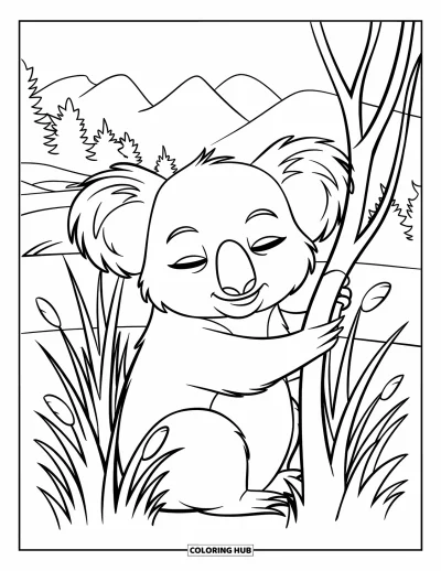 Coloriage de koalas pour enfants : Un koala somnolent s’agrippe à une branche, caché parmi des herbes sauvages et de grands arbres