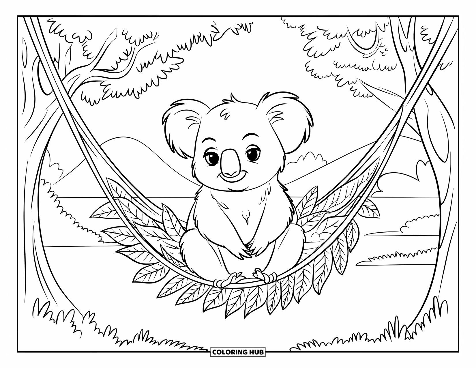 Koala Kleurplaat voor Kinderen: Een slaperige koala ontspant zich in een bladerhangmat, met bergen en water in de verte