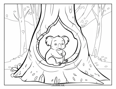 Coloriage de koalas pour enfants : Un koala somnolent se repose dans un tronc creux, entouré de feuilles tombées