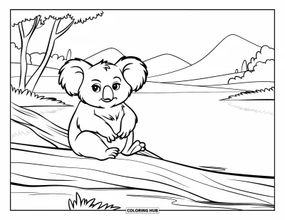 Coloriage de koalas pour enfants : Un koala endormi se repose sur un tronc tombé près d’un lac calme, entouré d’arbres et de montagnes