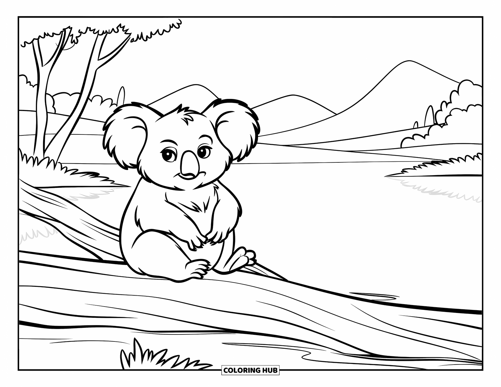 Koala Kleurplaat voor Kinderen: Een slaperige koala rust op een omgevallen boomstam bij een kalm meer, omringd door bomen en bergen