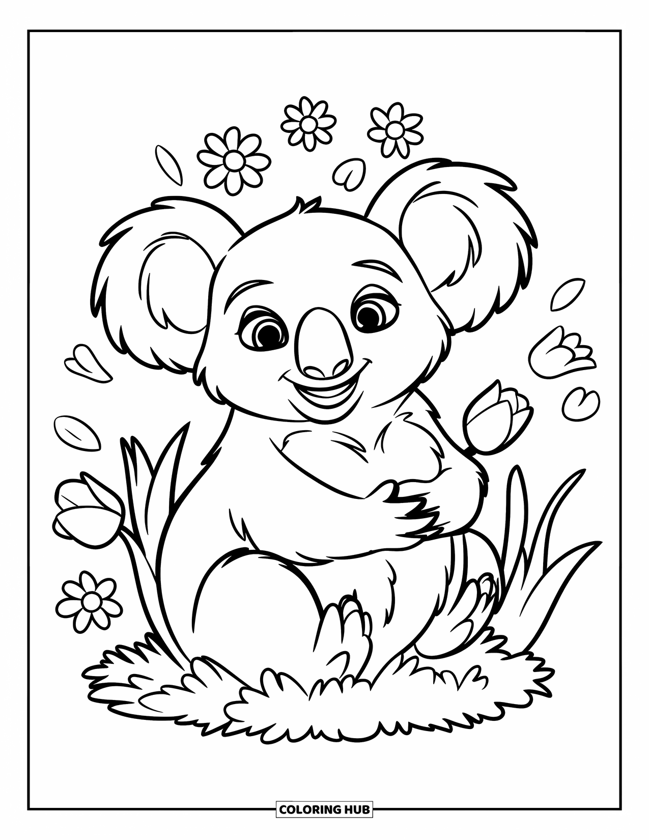 Koala Kleurplaat voor Kinderen: Een glimlachende koala zit in een ronde struik, omringd door tulpen en madeliefjes