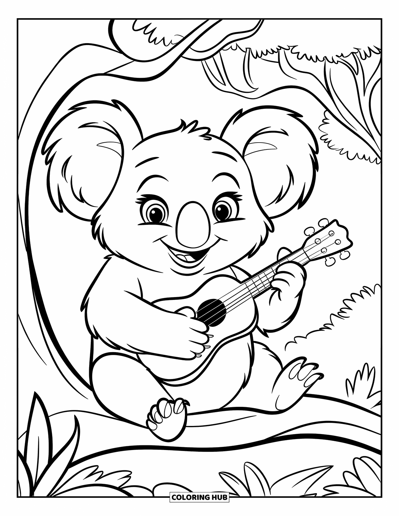 Koala Kleurplaat voor Kinderen: Een glimlachende koala tokkelt op een ukelele terwijl hij in een boom zit, omringd door de natuur