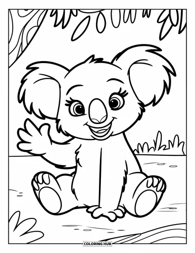 Coloriage de koalas pour enfants : Un koala souriant fait signe de la main assis au sol, plein d’énergie et de joie