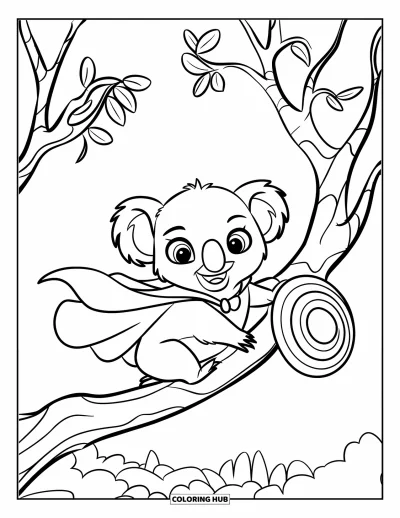 Coloriage de koalas pour enfants : Un koala super-héros se tient sur une branche, portant fièrement une cape et un bouclier