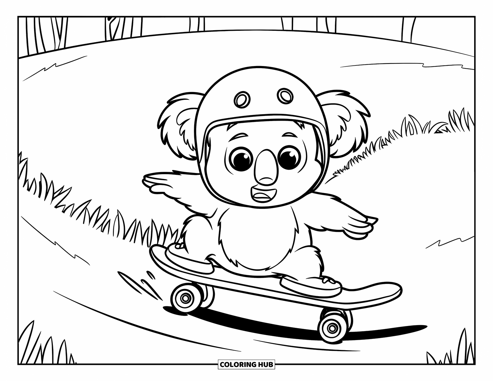 Koala Kleurplaat voor Kinderen: Een verraste koala scheurt op een skateboard een heuvel af, de helm stevig vastgrijpend
