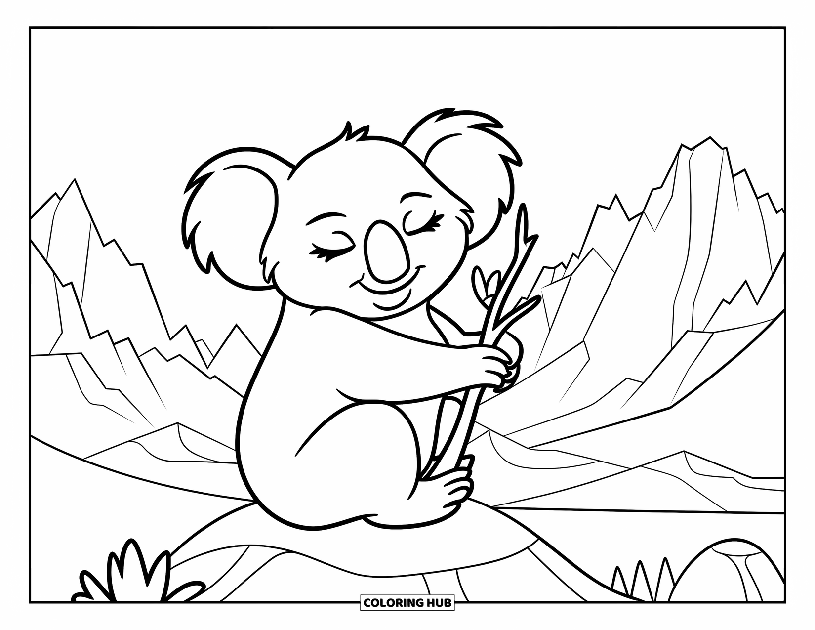 Koala Kleurplaat voor Kinderen: De koala zit vredig op een rots, houdt een tak vast, met bergen in de verte