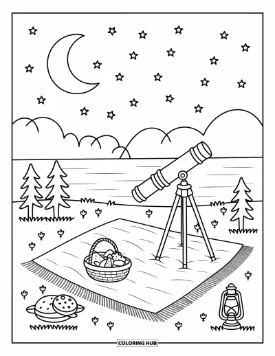 大人向け湖のぬりえ: 星明かりの湖のそばに毛布と望遠鏡とおやつ
