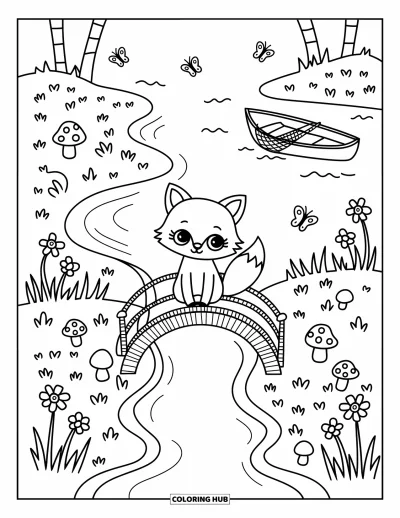 大人向け湖のぬりえ: 蝶々と花とボートがある橋のそばのキツネ