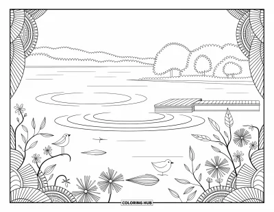 大人向け湖のぬりえ: 桟橋と穏やかな波と近くで休む鳥がいる湖