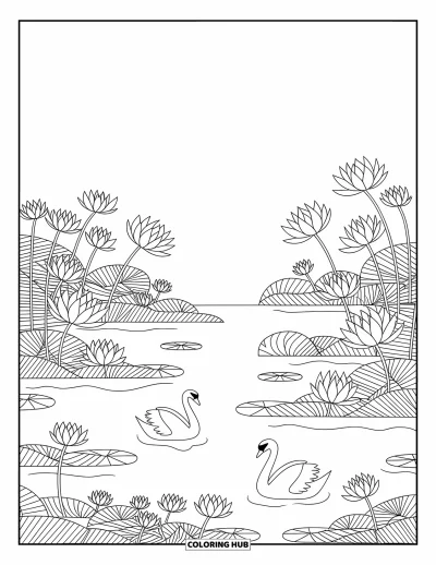 大人向け湖のぬりえ: 蓮の花と睡蓮と優雅に泳ぐ白鳥がいる湖