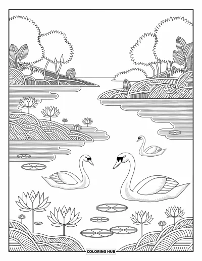 大人向け湖のぬりえ: 蓮の花と睡蓮と優雅に泳ぐ白鳥がいる湖