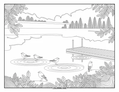 大人向け湖のぬりえ: 穏やかな波と桟橋と細かい模様がある静かな湖の眺め