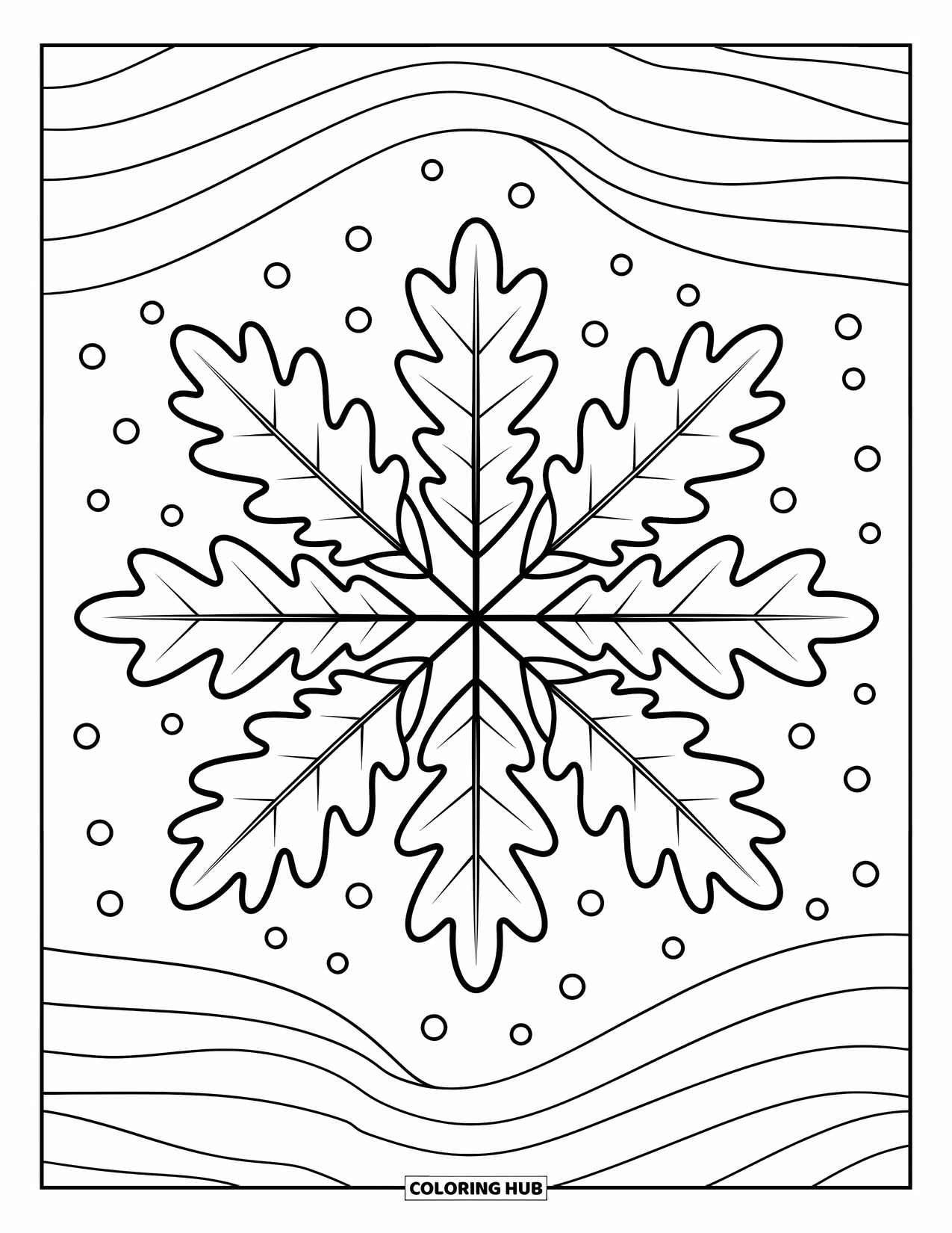 Leaf Coloring Page for Adults: A charming arrangement of oak leaves in a starburst pattern, with whimsical wavy lines and dots