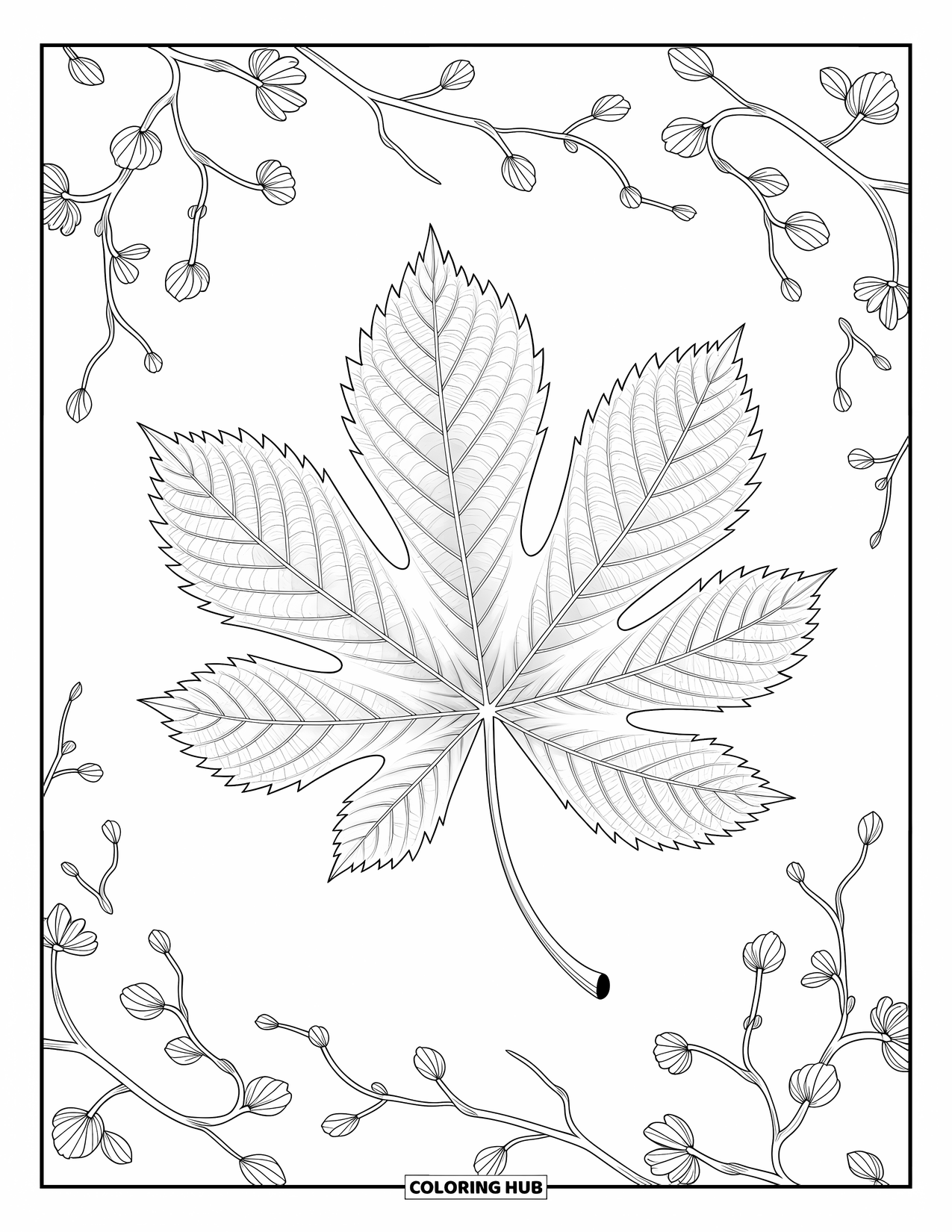 Leaf Coloring Page for Adults: A chestnut leaf with intricate veins, surrounded by smaller branches, creating a balanced and refined design