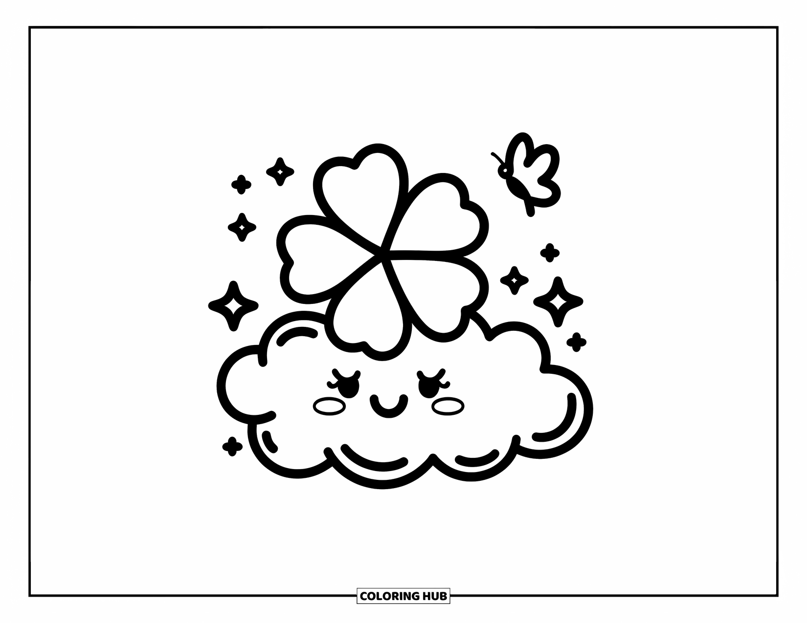 Leaf Coloring Page for Adults: A clover leaf bounces on a fluffy cloud, while a butterfly flutters and a sleepy star peeks out