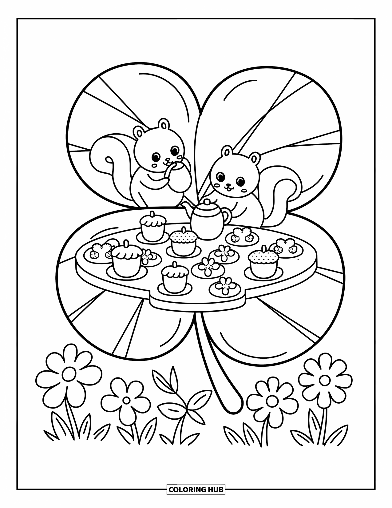 Leaf Coloring Page for Adults: A cozy café scene unfolds on a giant clover leaf, with woodland creatures enjoying tea and pastries