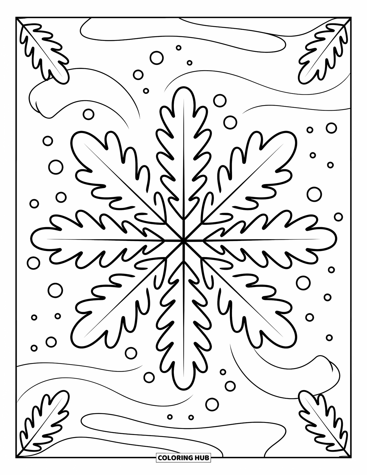 Leaf Coloring Page for Adults: A cozy starburst of oak leaves with soft curves, surrounded by floating wavy lines and dots