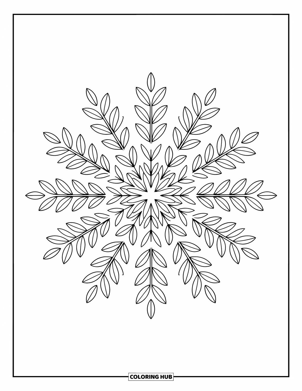 Leaf Coloring Page for Adults: A detailed fern leaf filled with ornamental patterns, framed by swirling vines and floral designs
