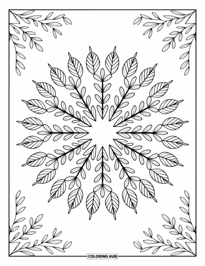 Bladtegning til voksne: En detaljeret olivenblads-mandala udstråler symmetri med intrikate mønstre, der strækker sig ud i en elegant kant