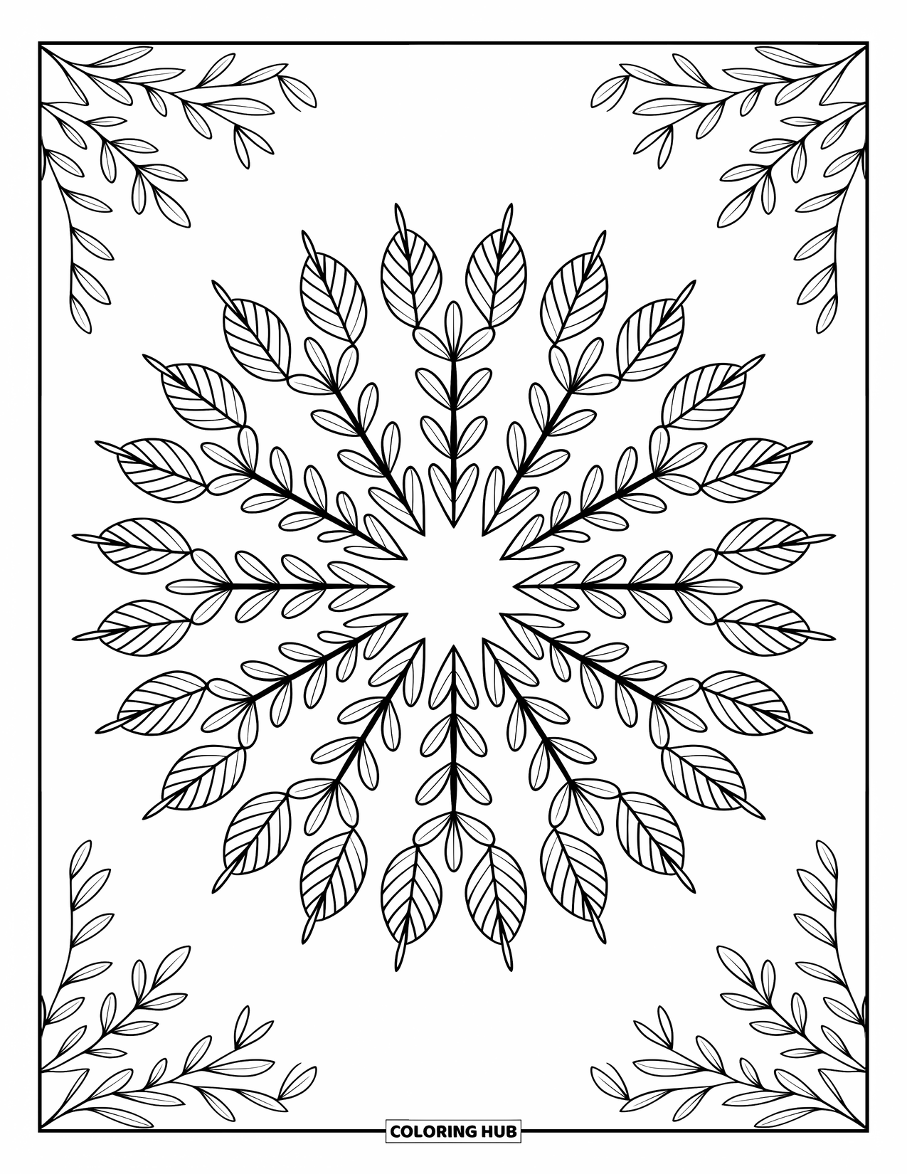 Leaf Coloring Page for Adults: A detailed olive leaf mandala radiates symmetry, with intricate patterns extending into an elegant border